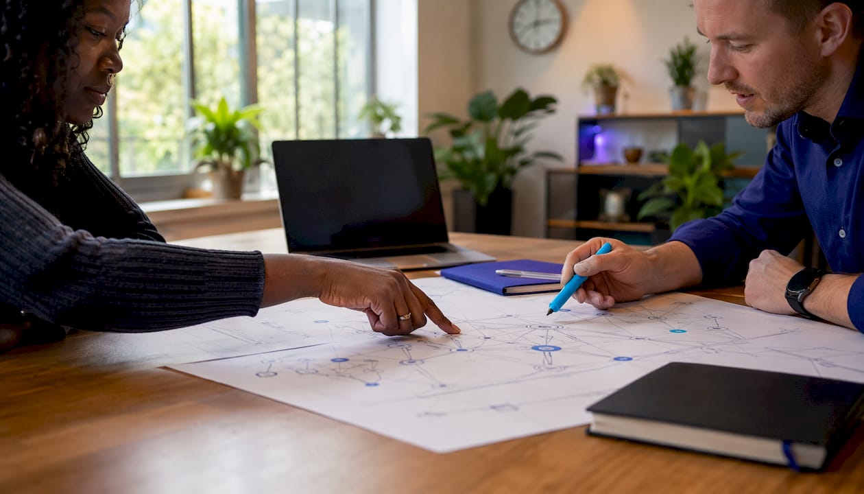 Hands exchanging network diagrams for threat containment