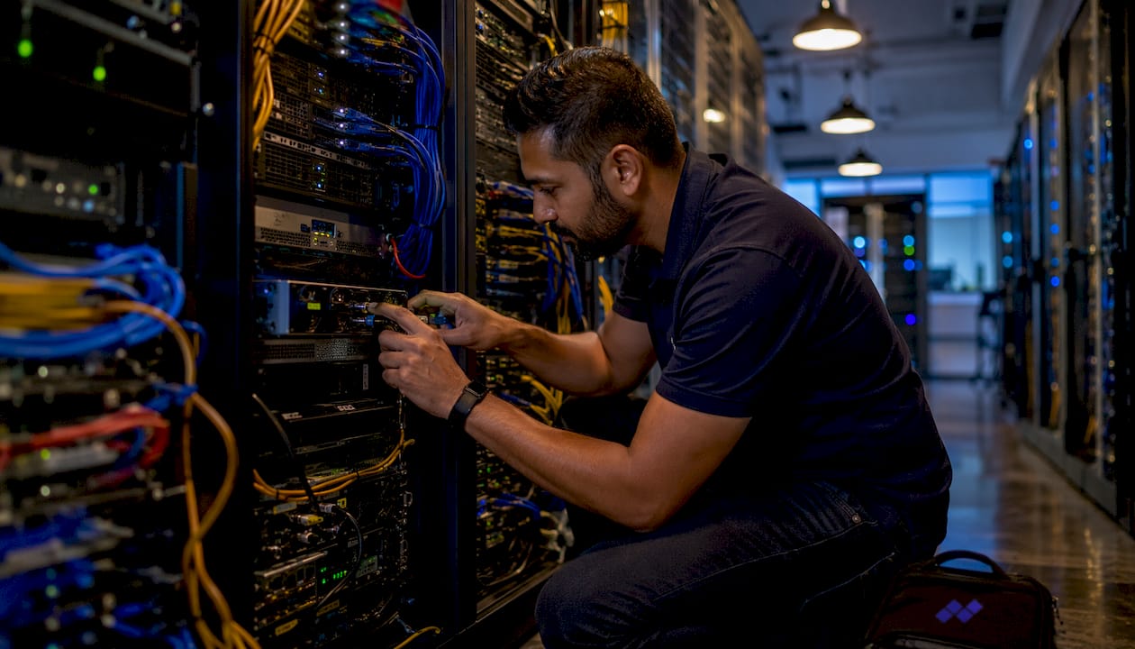 Technician inspecting redundant network equipment