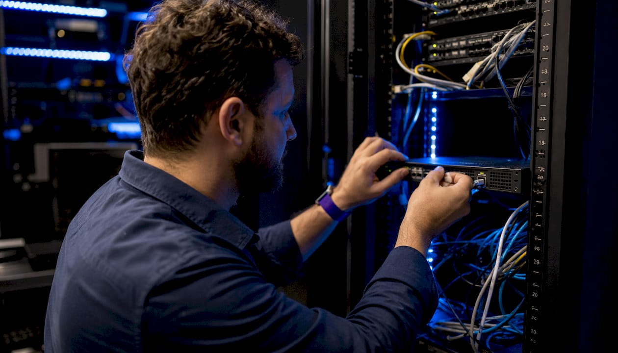 Hands configuring edge telemetry device in server room