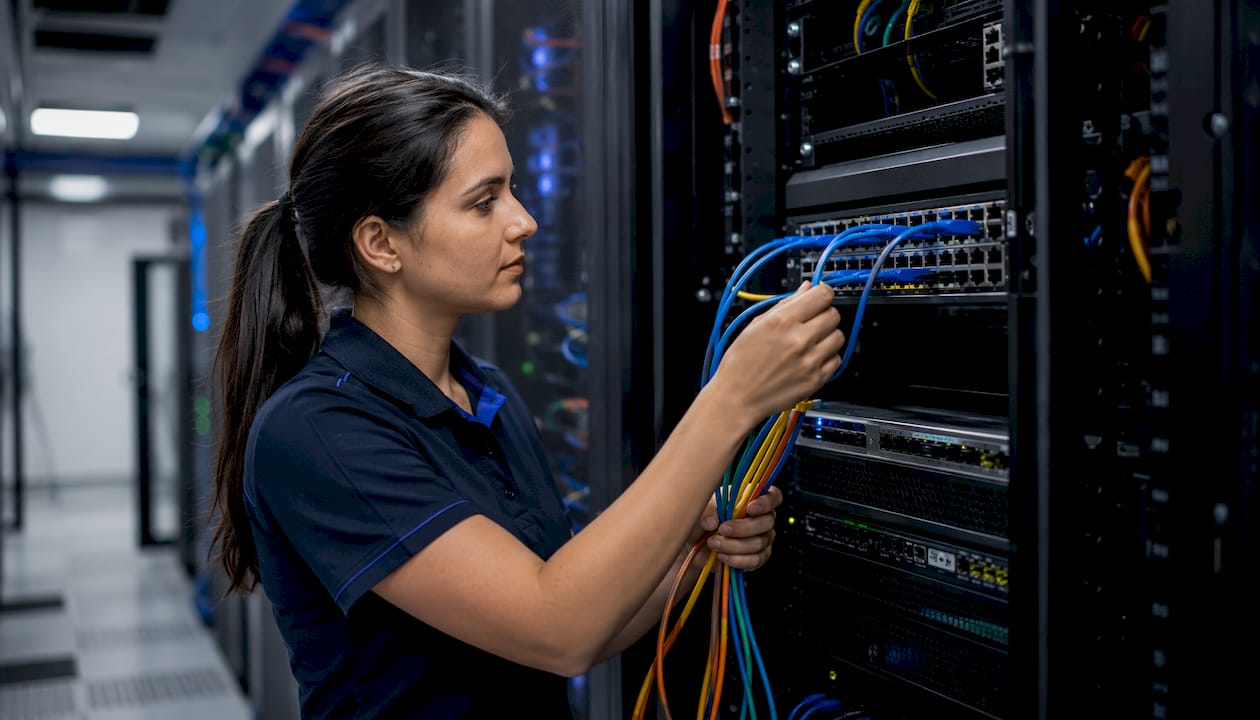 Hands plugging cable into network switch