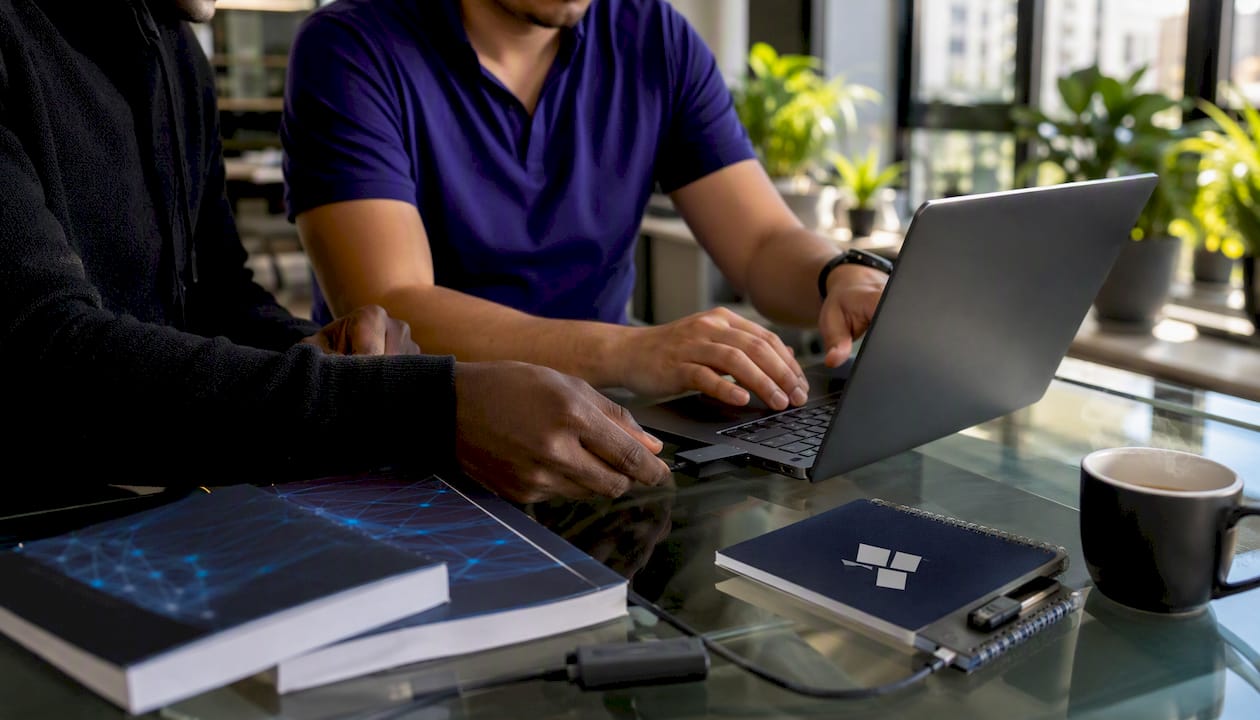 Hands typing laptop network scanning setup