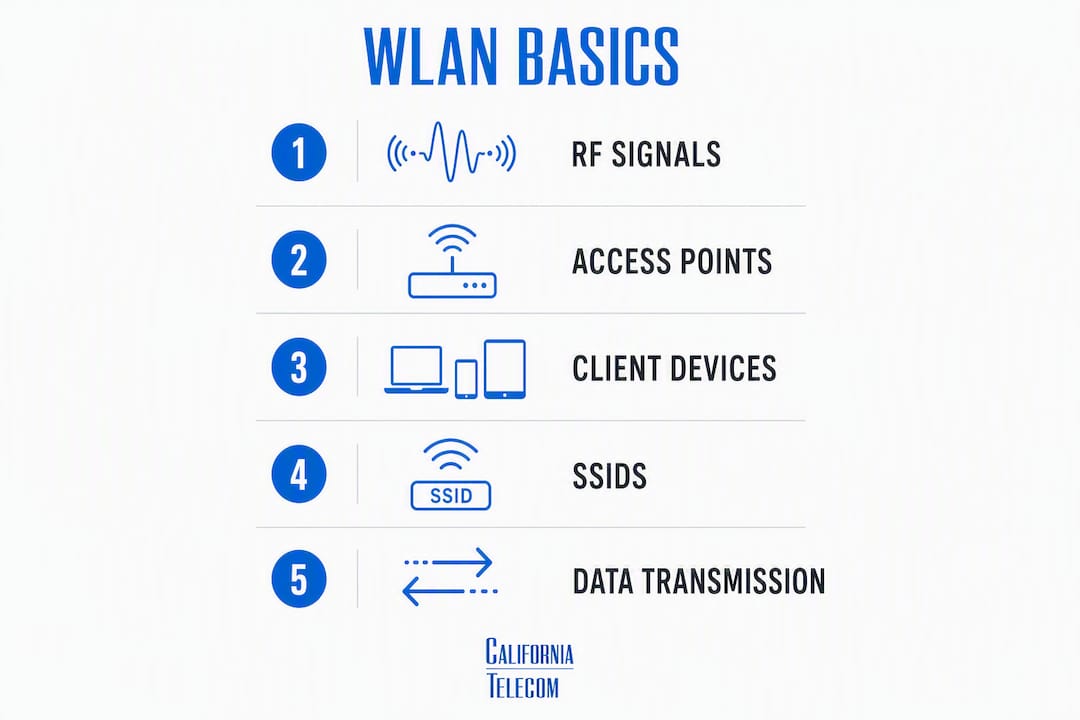 Infographic showing wireless LAN basic components and steps