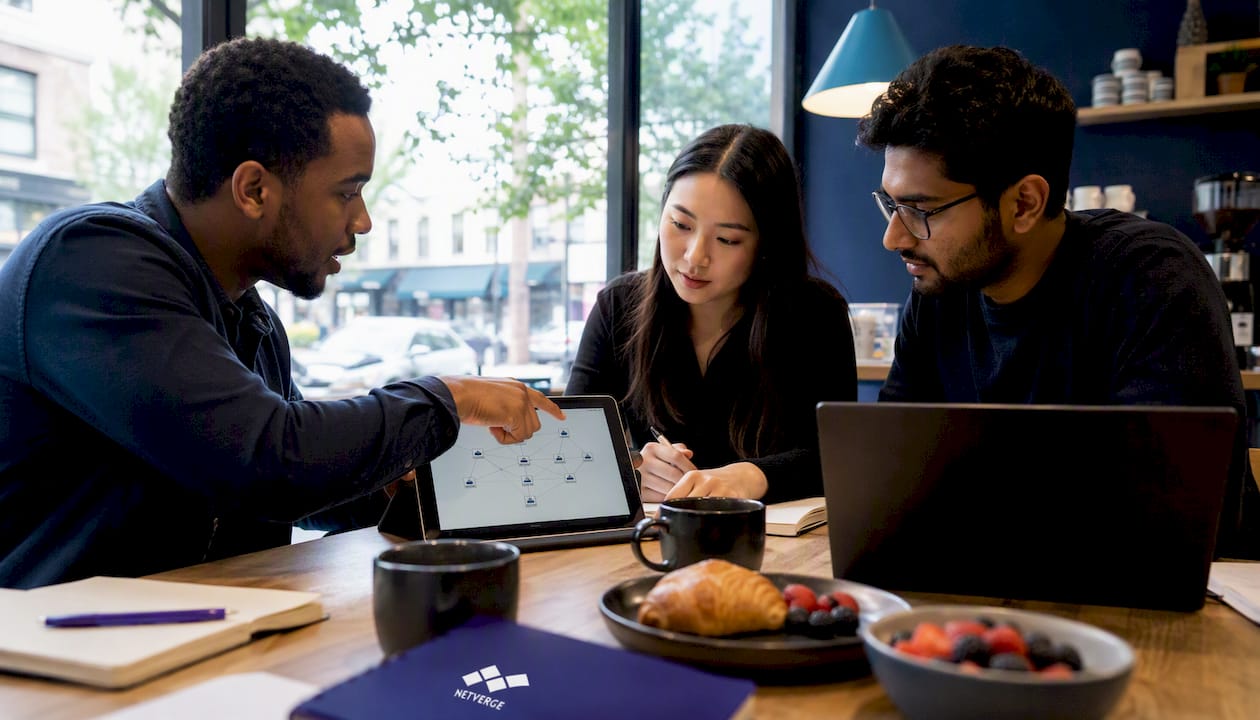 IT team discussing intranet architecture around table