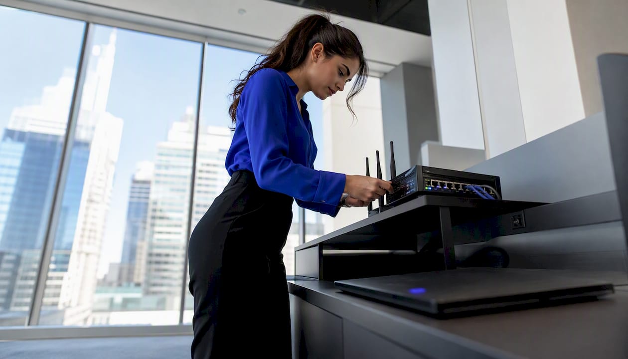 Engineer adjusting router in server rack
