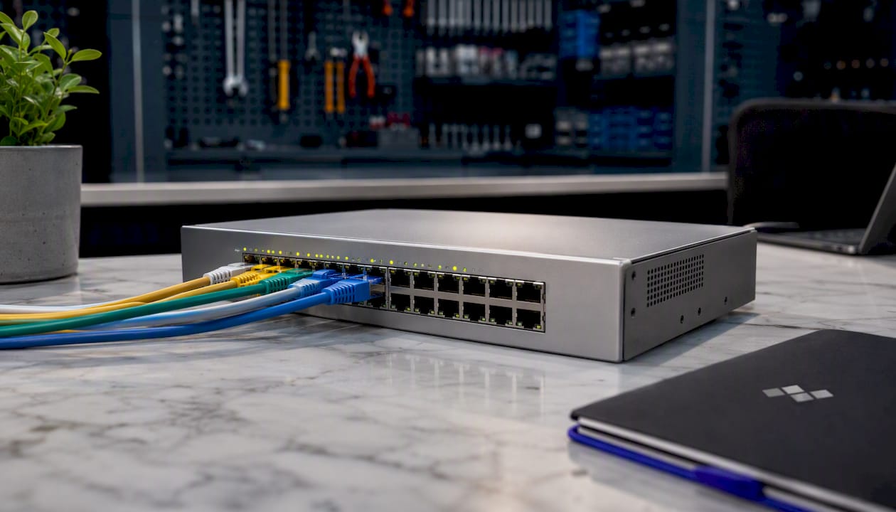 Close-up of network switch with connected cables