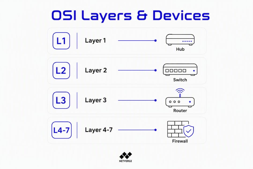 Infographic explaining OSI layers and associated network devices