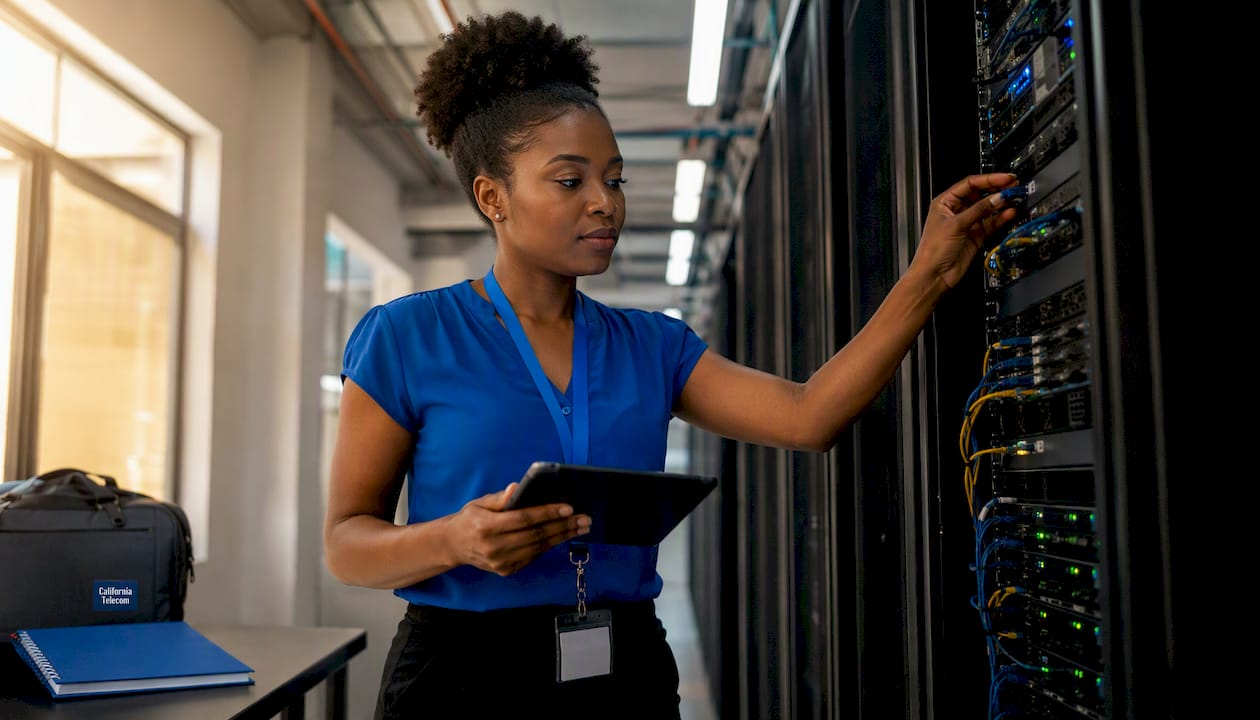 Engineer working on network hardware in data center