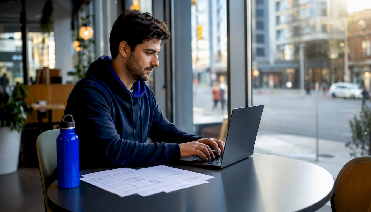 Technician configuring routing on laptop