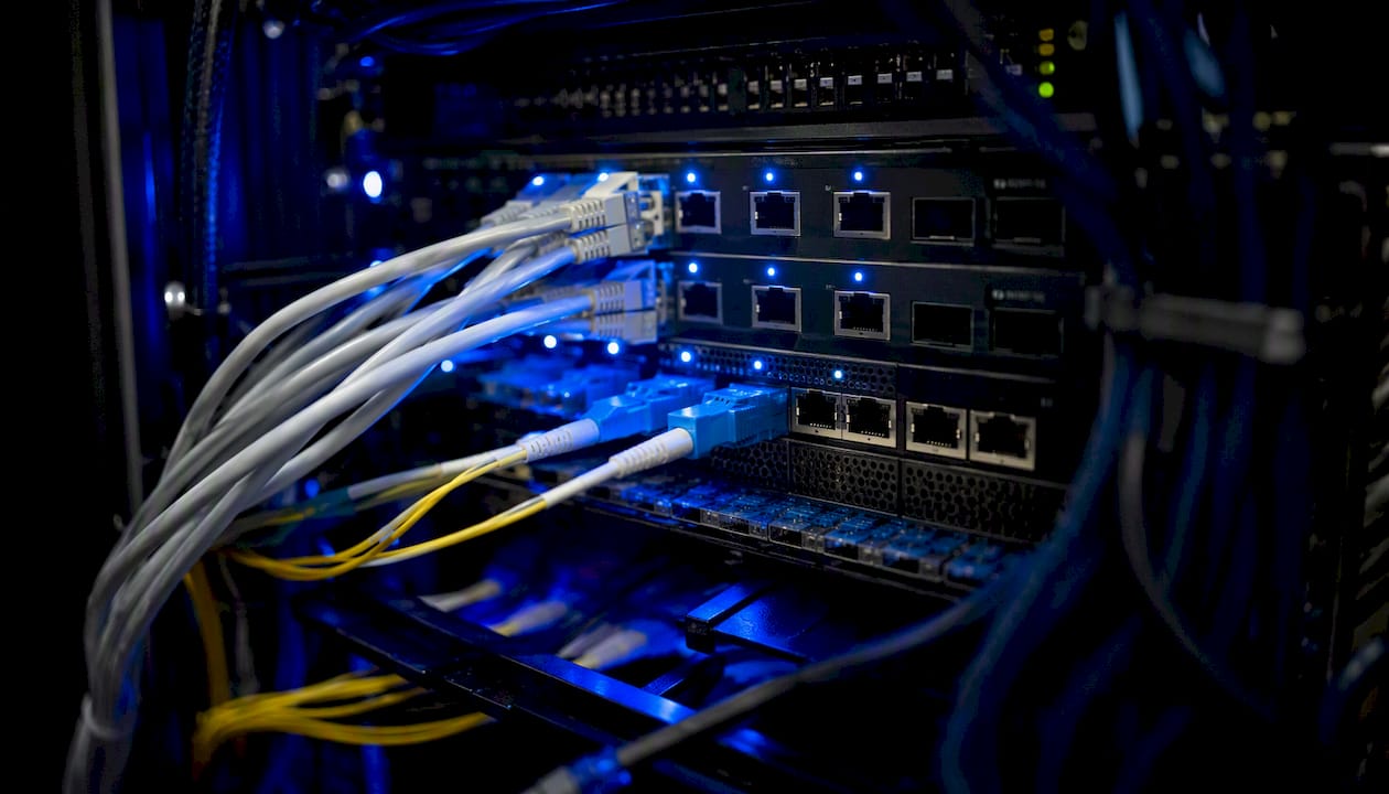 Network hardware ports with cables attached