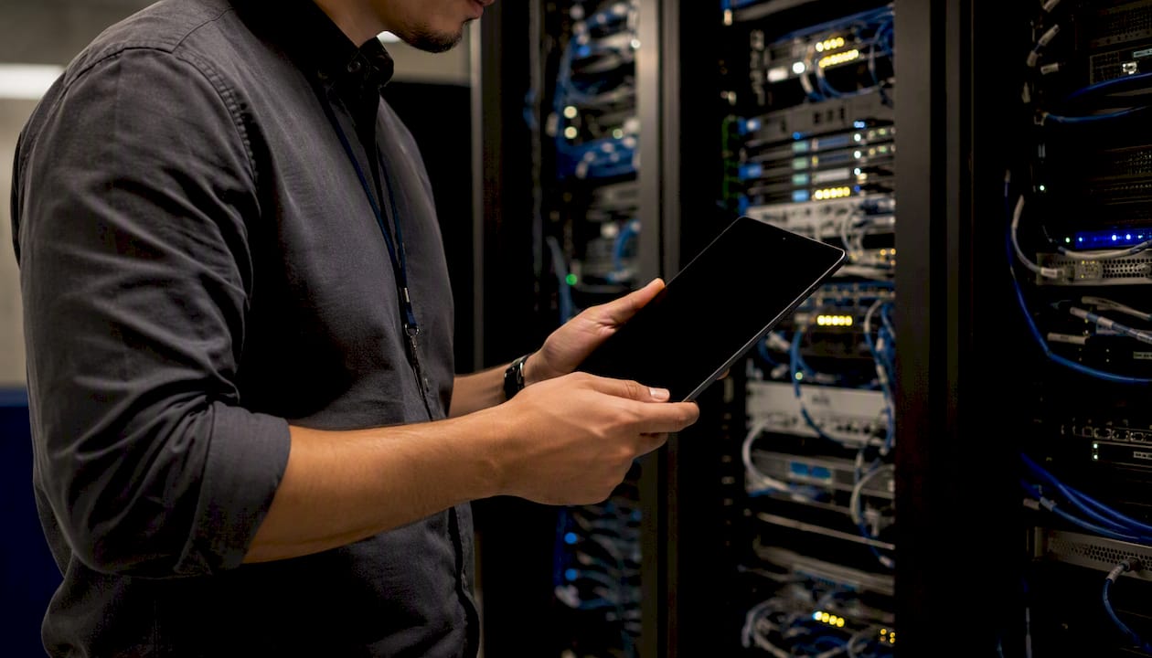 Engineer hands holding tablet near network racks
