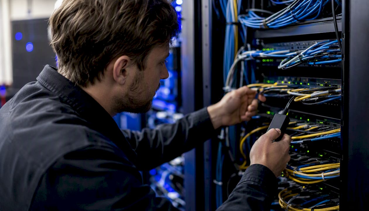 Technician attaching network probe to server cables