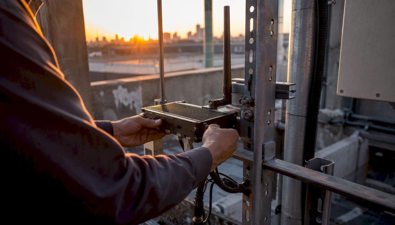 Hands mounting edge computing device outdoors