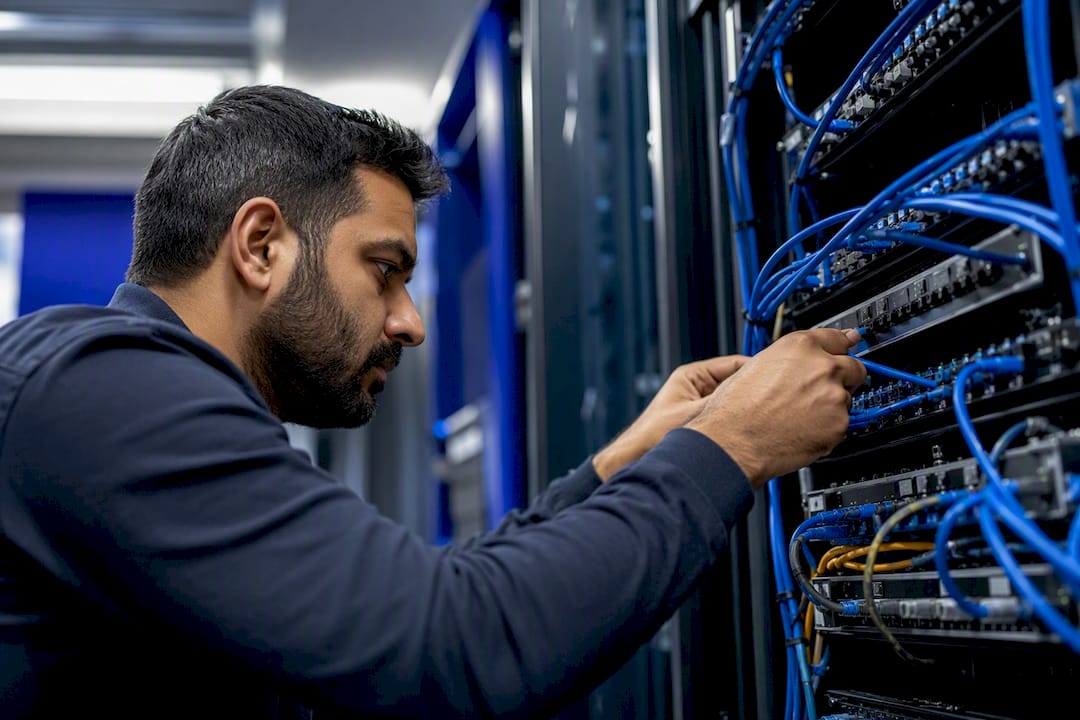 Hands rehearsing network rollback with cables