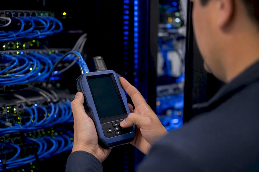 Hands using latency measuring device near switches