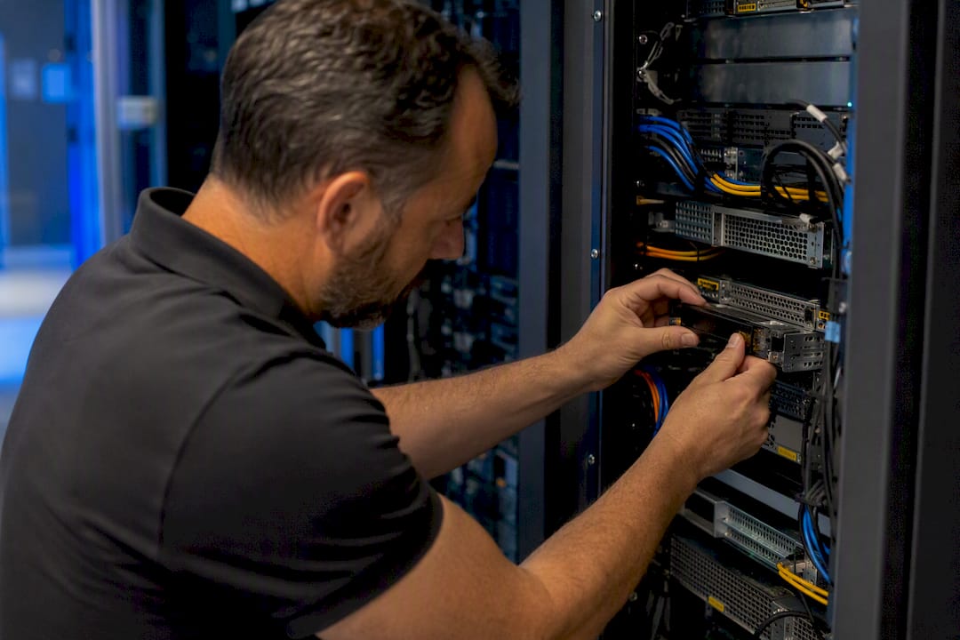 Hands handling security token in telecom rack