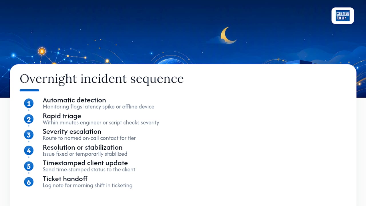 Six-stage overnight network incident workflow