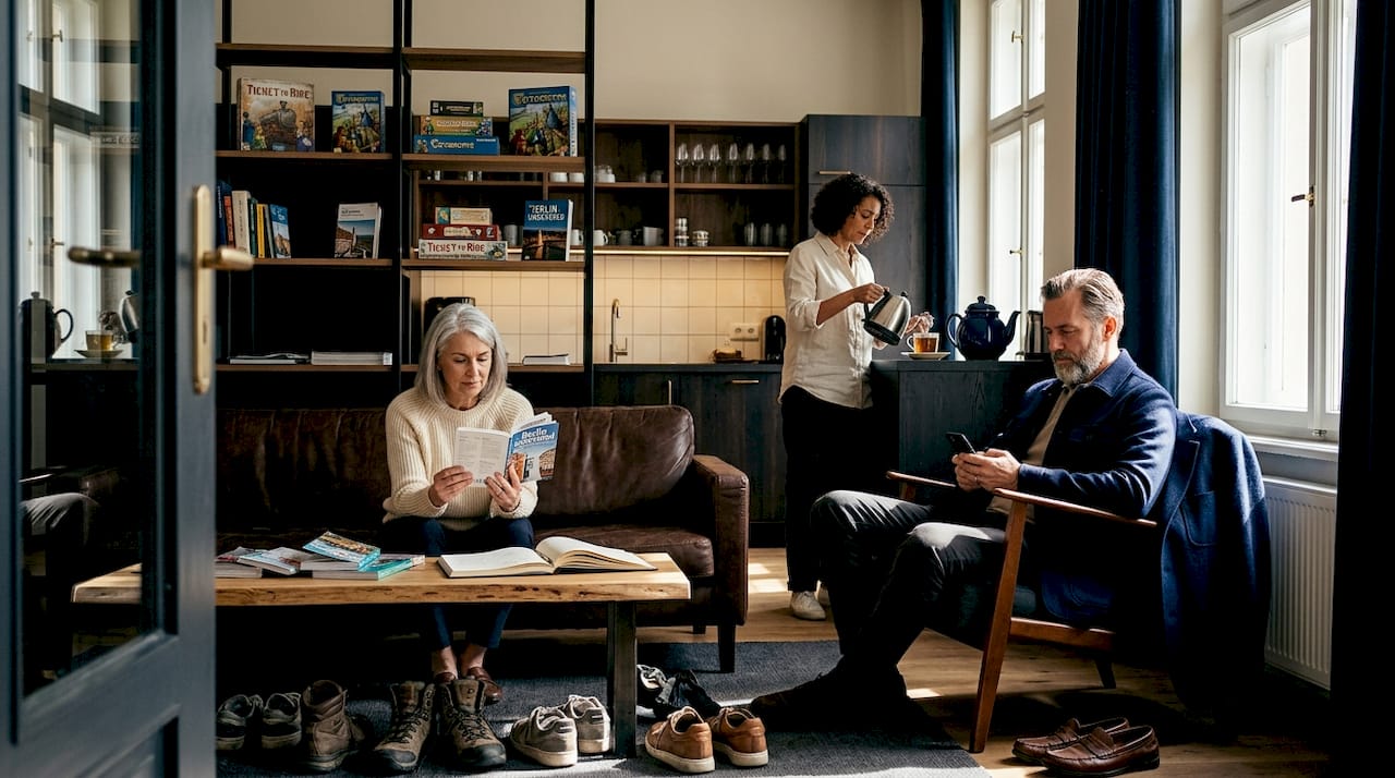Mature travelers relaxing in hostel lounge
