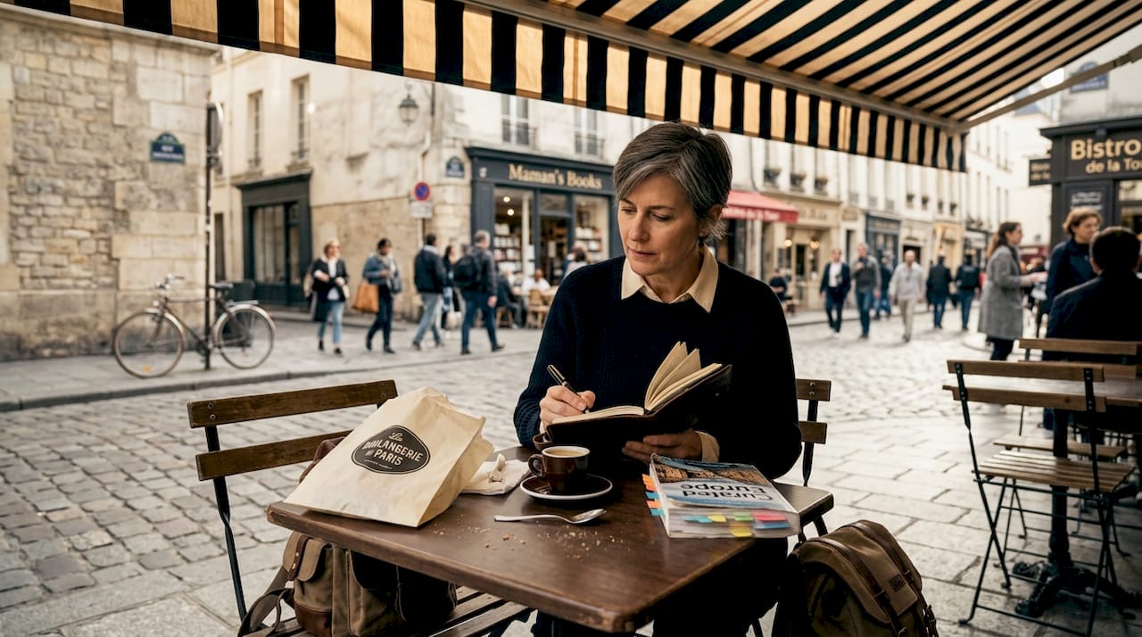 Solo traveler journaling at local sidewalk café