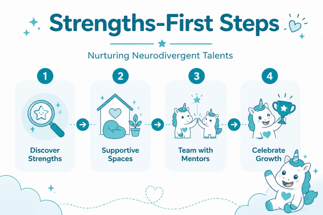 Four-step strengths-first parenting flow infographic