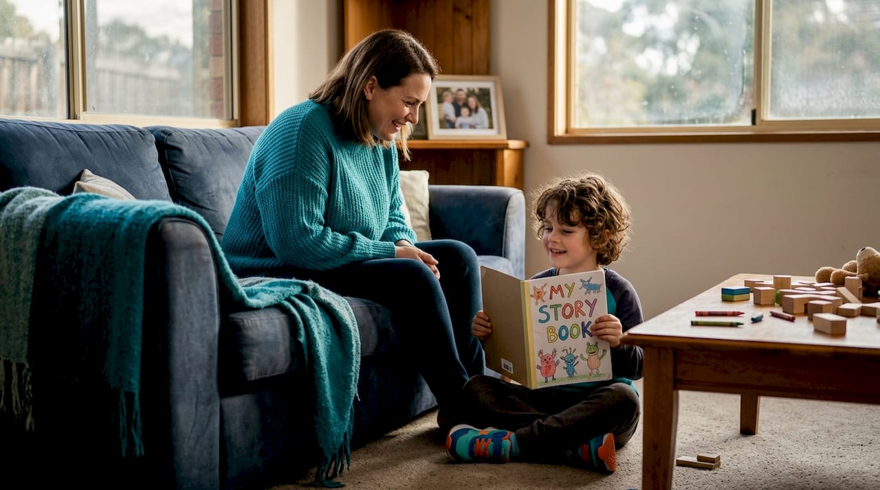 Boy sharing homemade story with mother