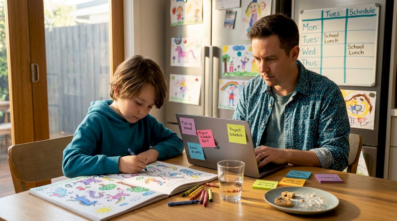 Parent and child sharing creative workspace