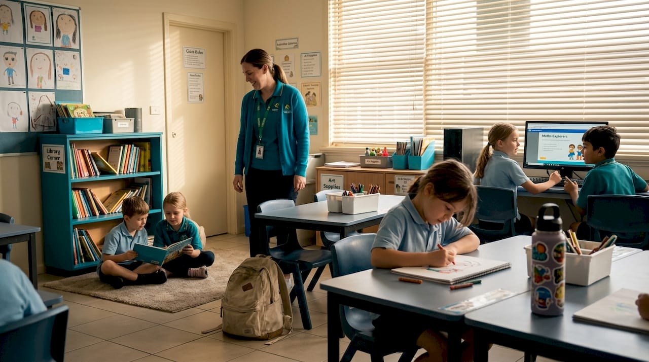 Elementary students doing varied classroom activities