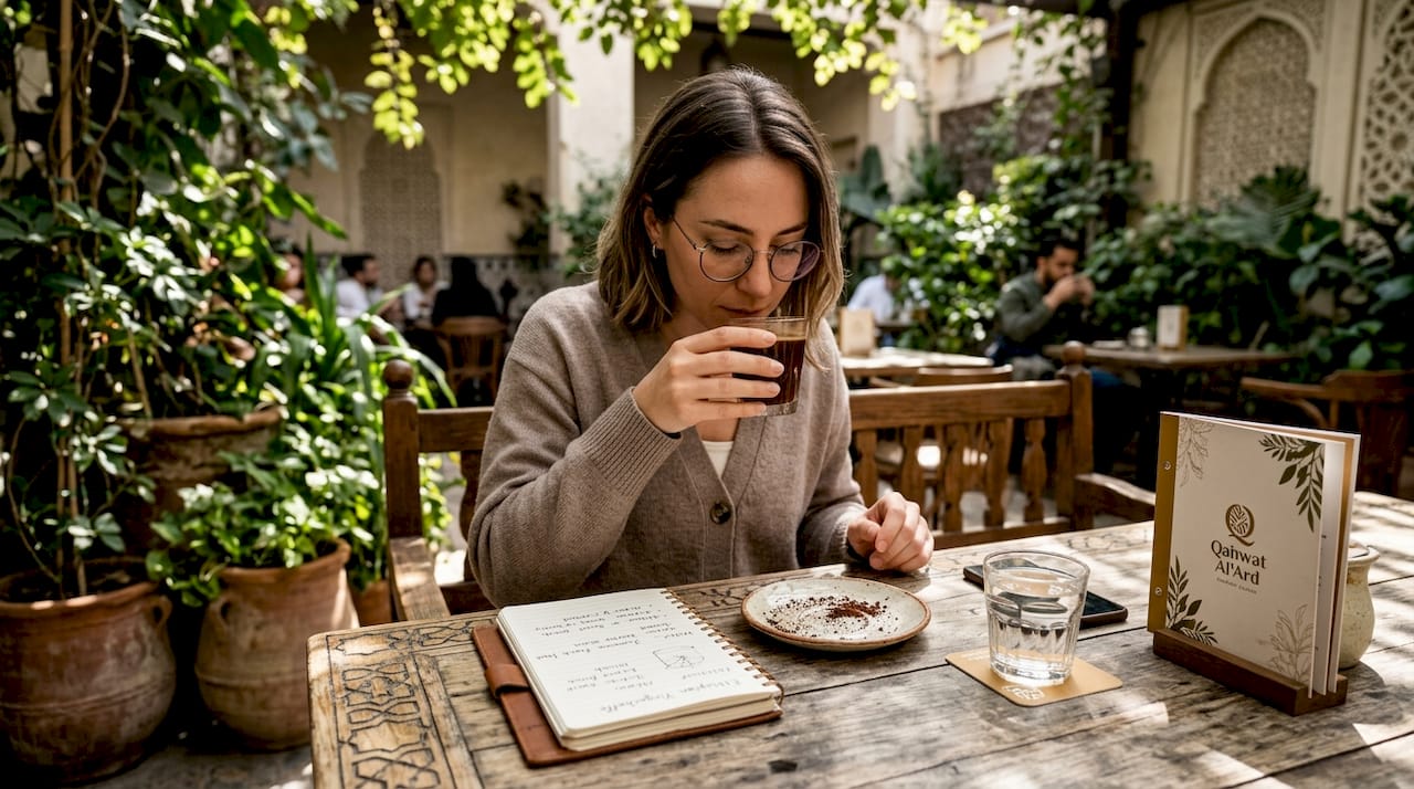 Woman tasting coffee in sunlit café