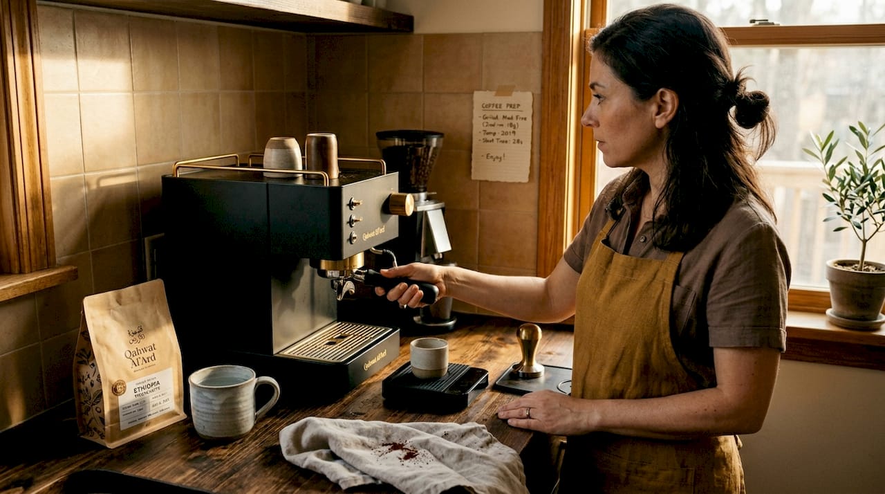 Woman organizing home coffee station setup