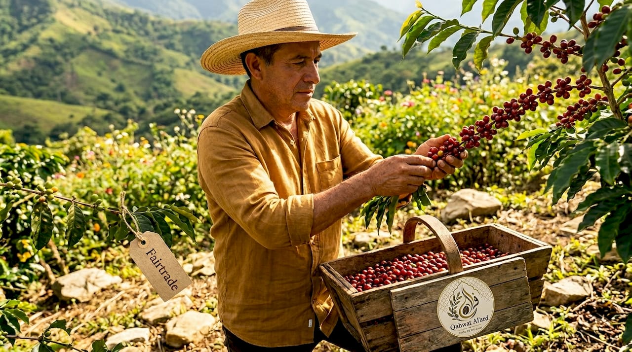 Coffee farmer checking ripe cherries in field