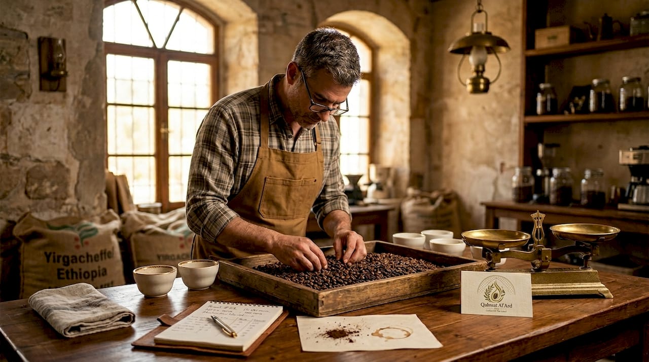 Coffee lab technician inspecting roasted beans