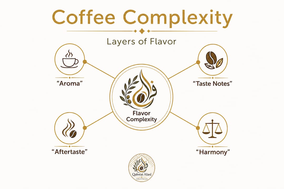 Hierarchy infographic showing coffee flavor complexity layers