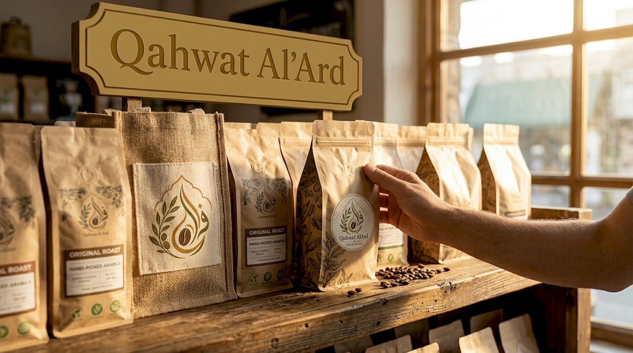 Coffee bags in various eco packaging on store shelf