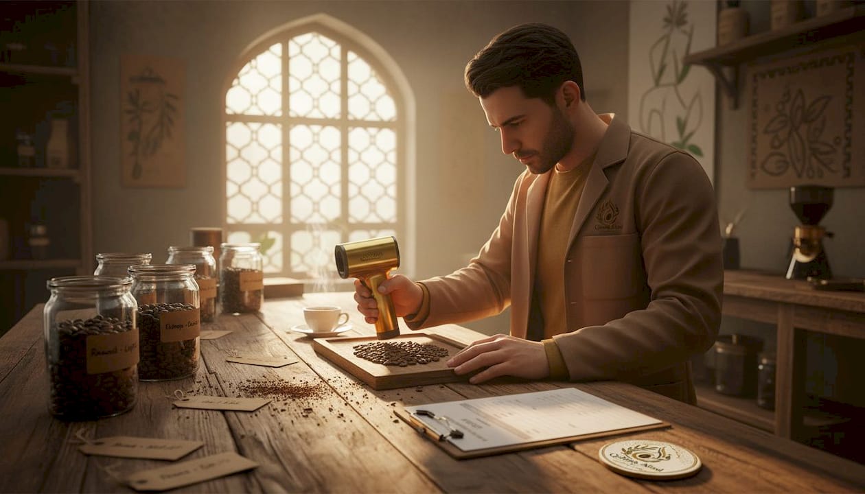 Lab technician measuring coffee bean color
