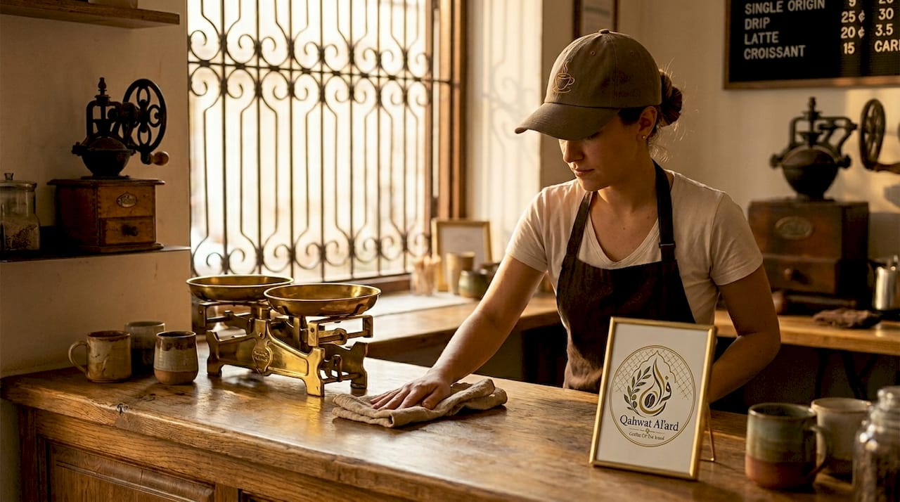 Barista in coffee dad hat cleaning café counter