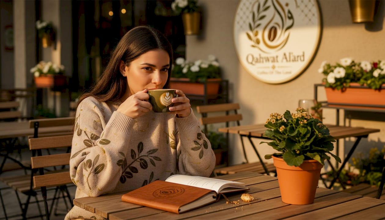 Coffee drinker in branded hoodie at café table