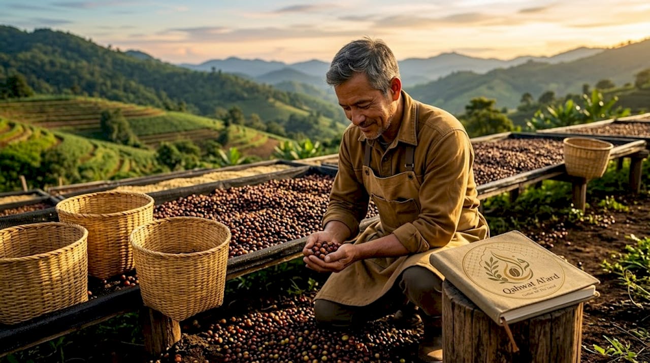 Farmer inspecting coffee drying beds outdoors