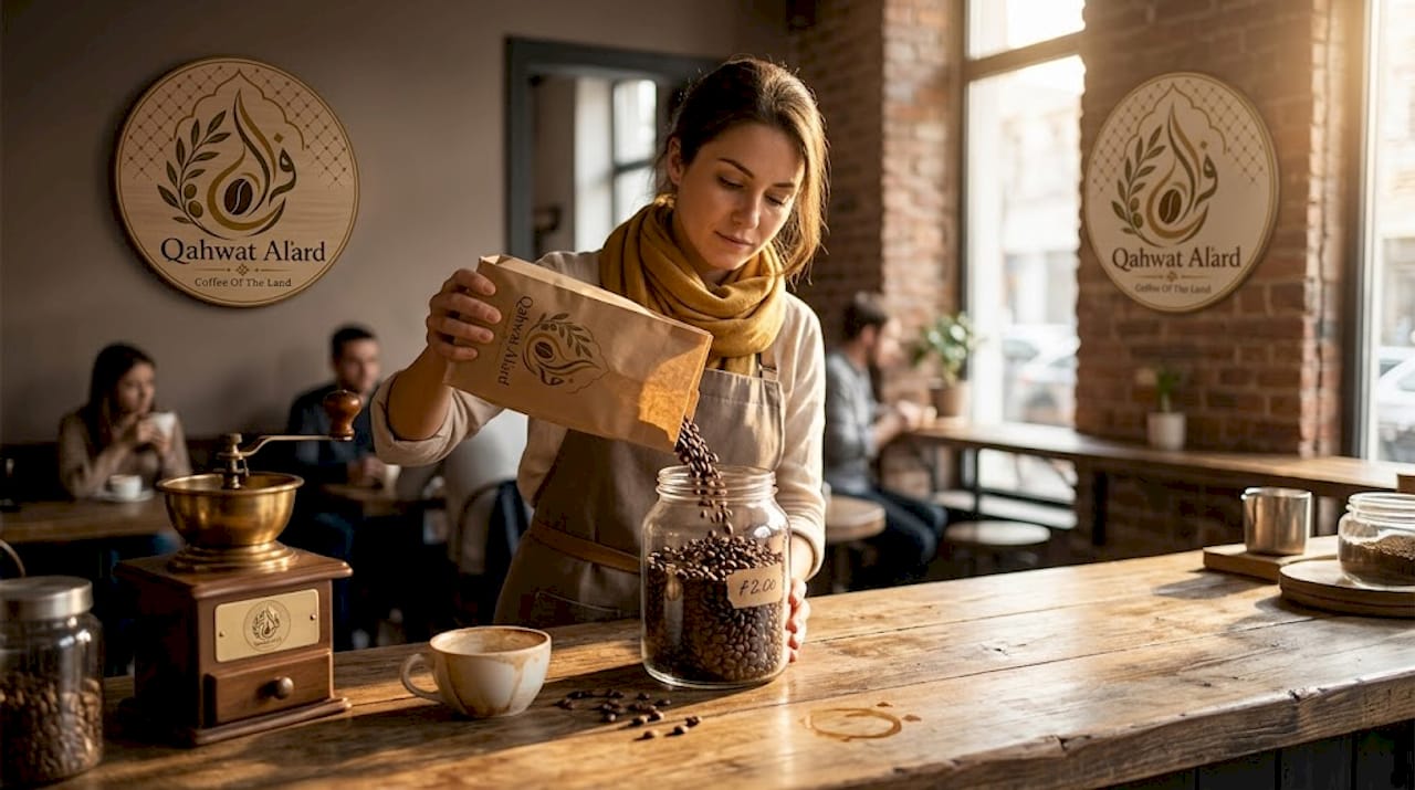 Barista pouring fresh beans in café setting