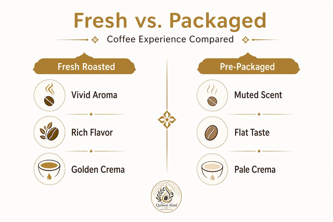 Infographic contrasting fresh and packaged coffee features