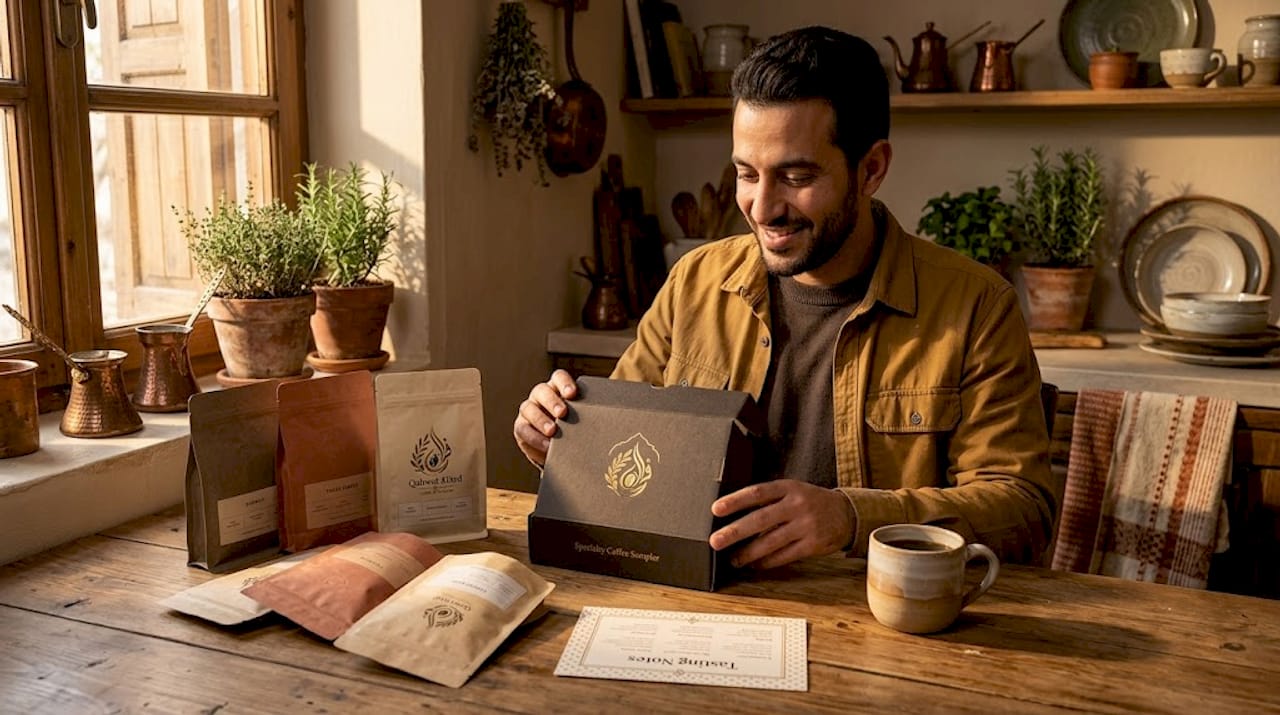 Unboxing specialty coffee sampler at kitchen table