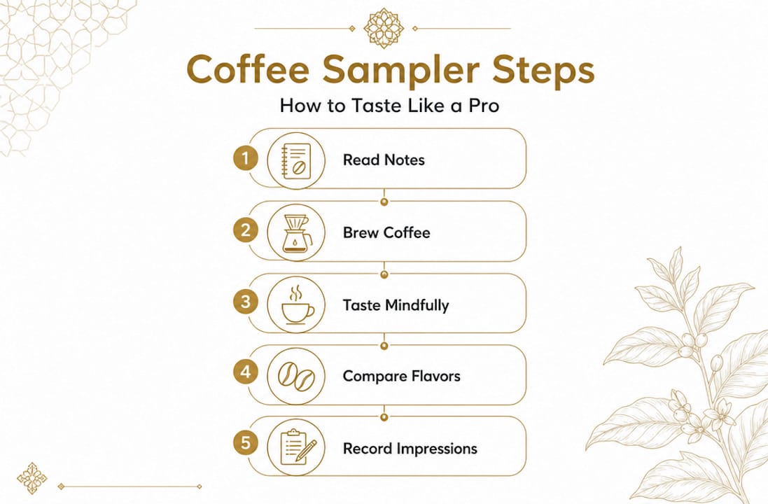 Infographic showing five specialty coffee sampler steps