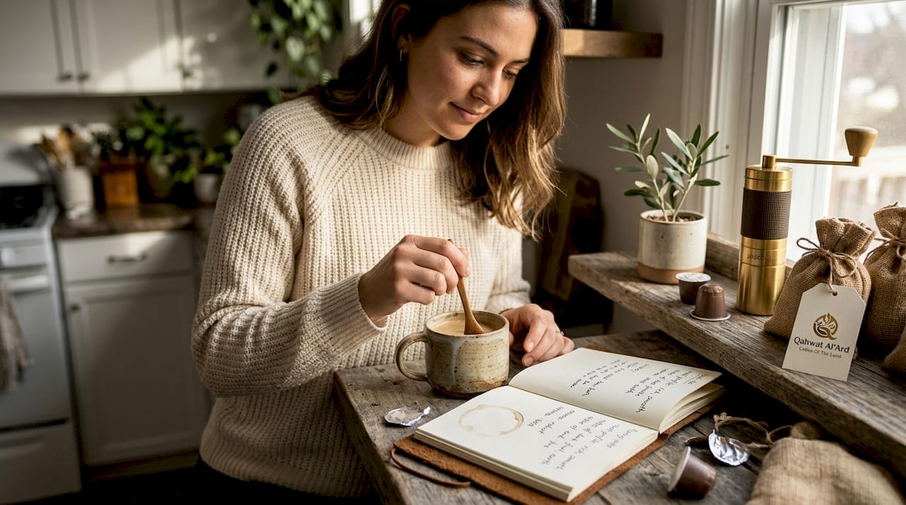 Woman tasting artisan coffee pods at kitchen table