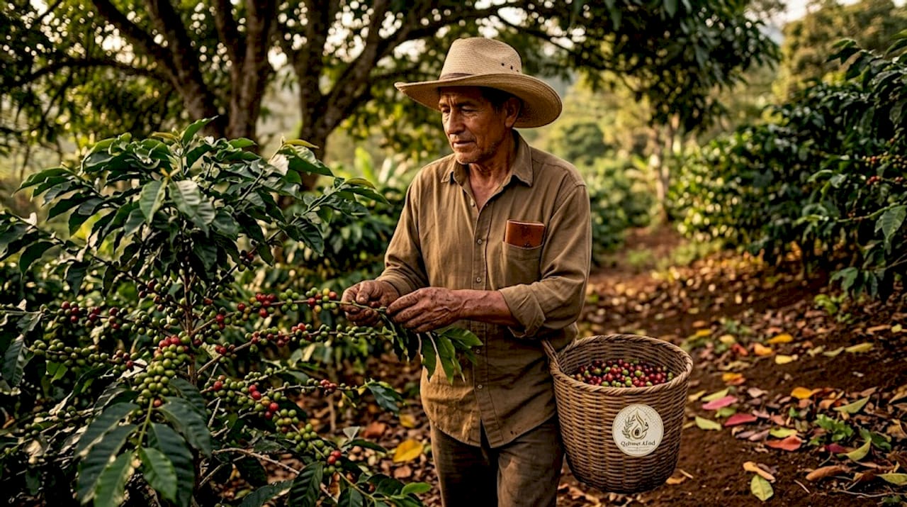 Farmer inspects coffee plants on shaded hillside farm