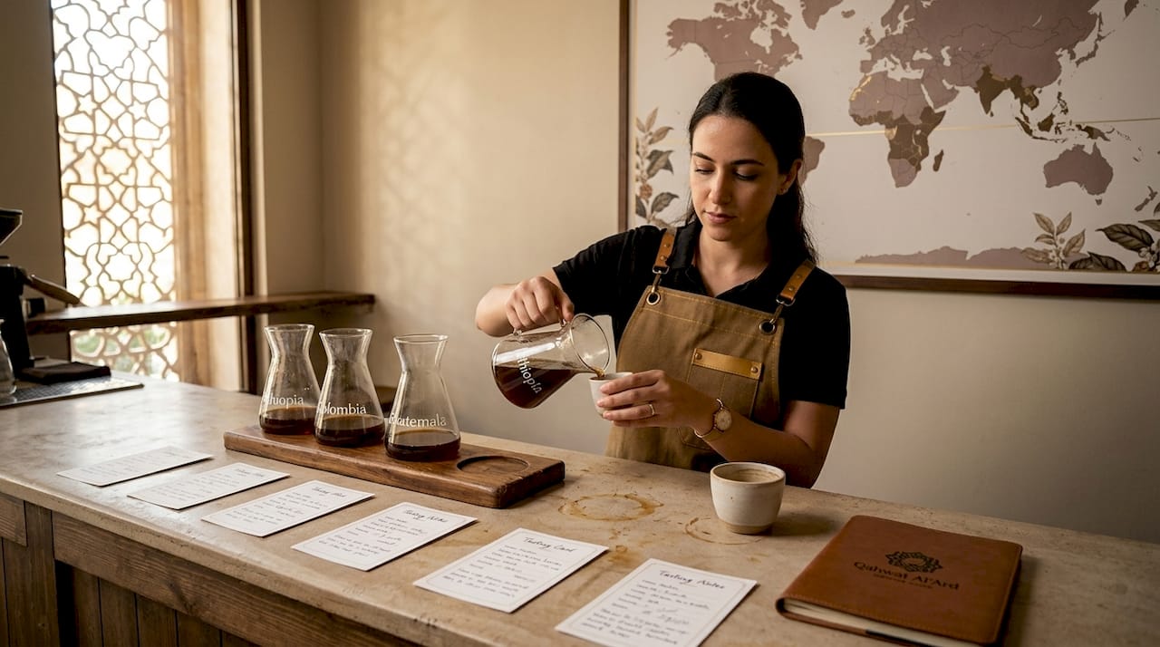 Barista pouring coffee samples in café