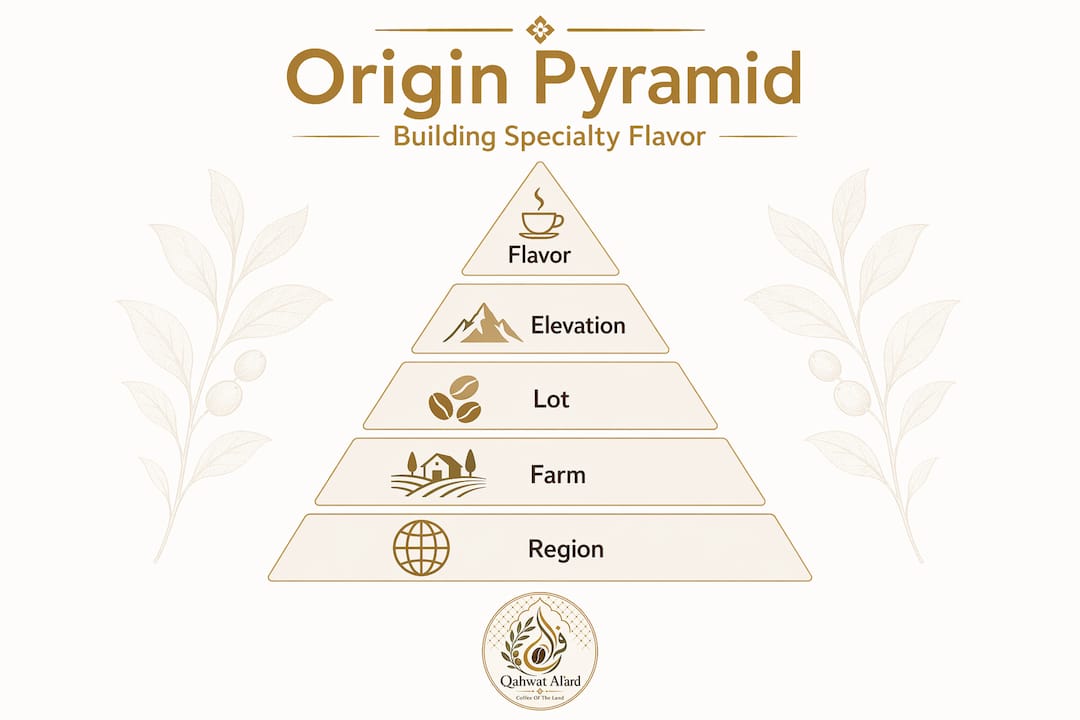 Pyramid infographic showing coffee origin hierarchy