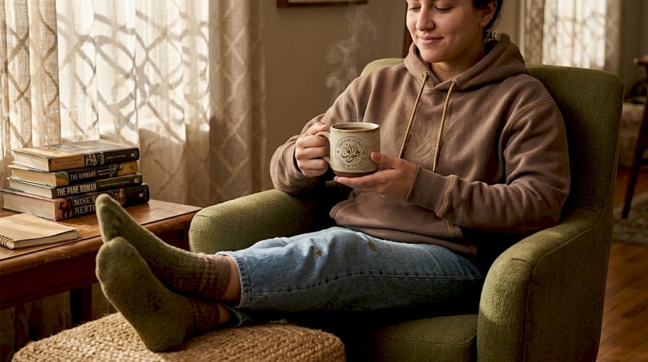 Person wearing coffee hoodie in cozy setting