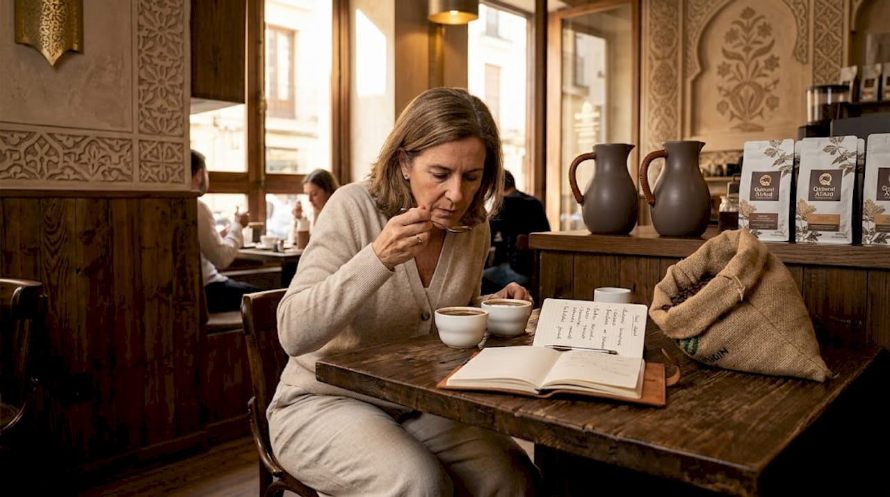 Una mujer degustando y comparando diferentes cafés de origen en la mesa de una cafetería.