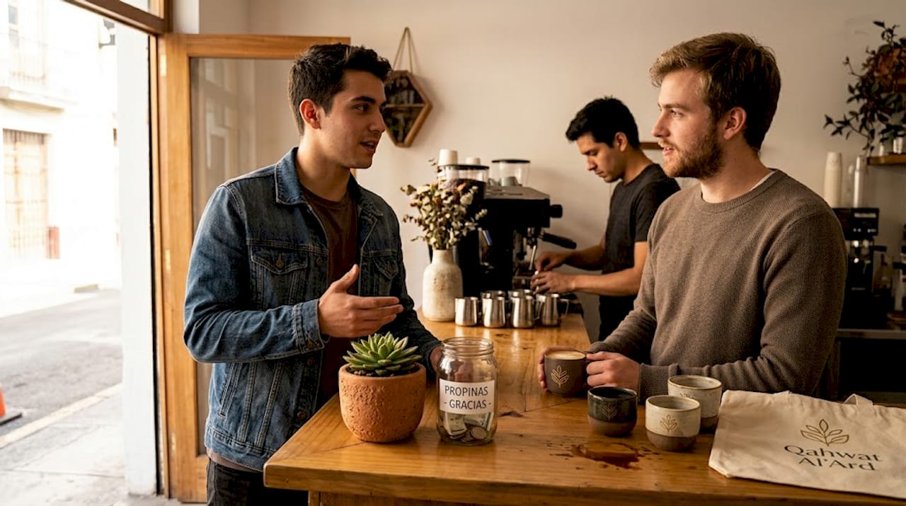 Clientes curioseando los productos de la cafetería con el logo de la marca