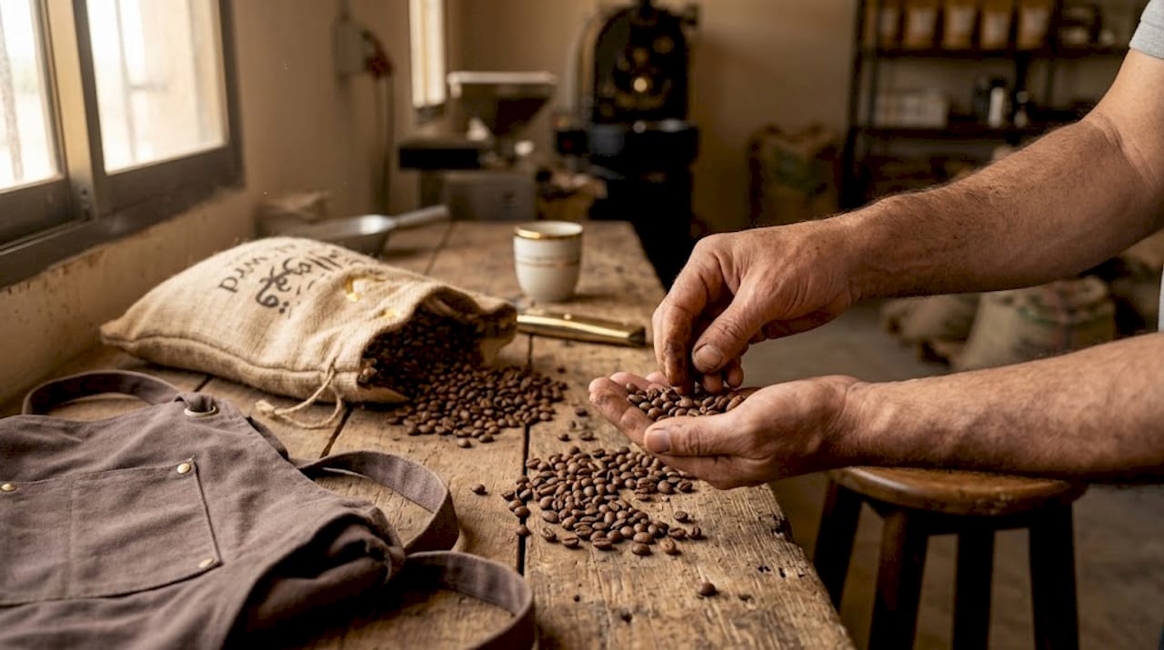 Manos revisando cuidadosamente los granos de café recién recolectados