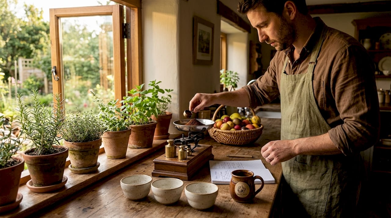 Home coffee cupping process on kitchen counter