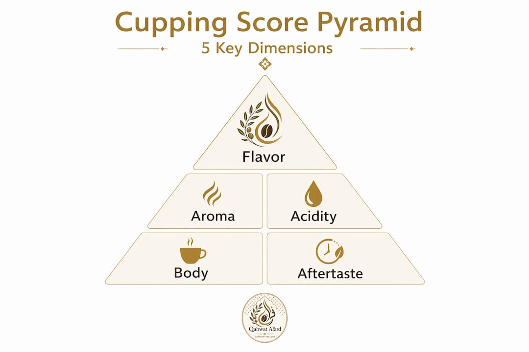 Infographic of five dimensions for scoring coffee in cupping